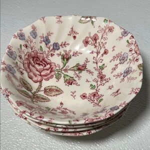 Vtg Johnson Bros Rose Chintz Soup Bowls Hand Engraving Made England Set 4
